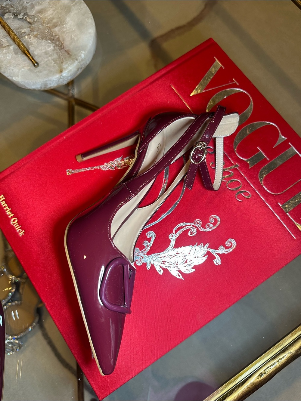 Elegant Burgundy Patent Leather Pointed-Toe Pump with Ankle Strap